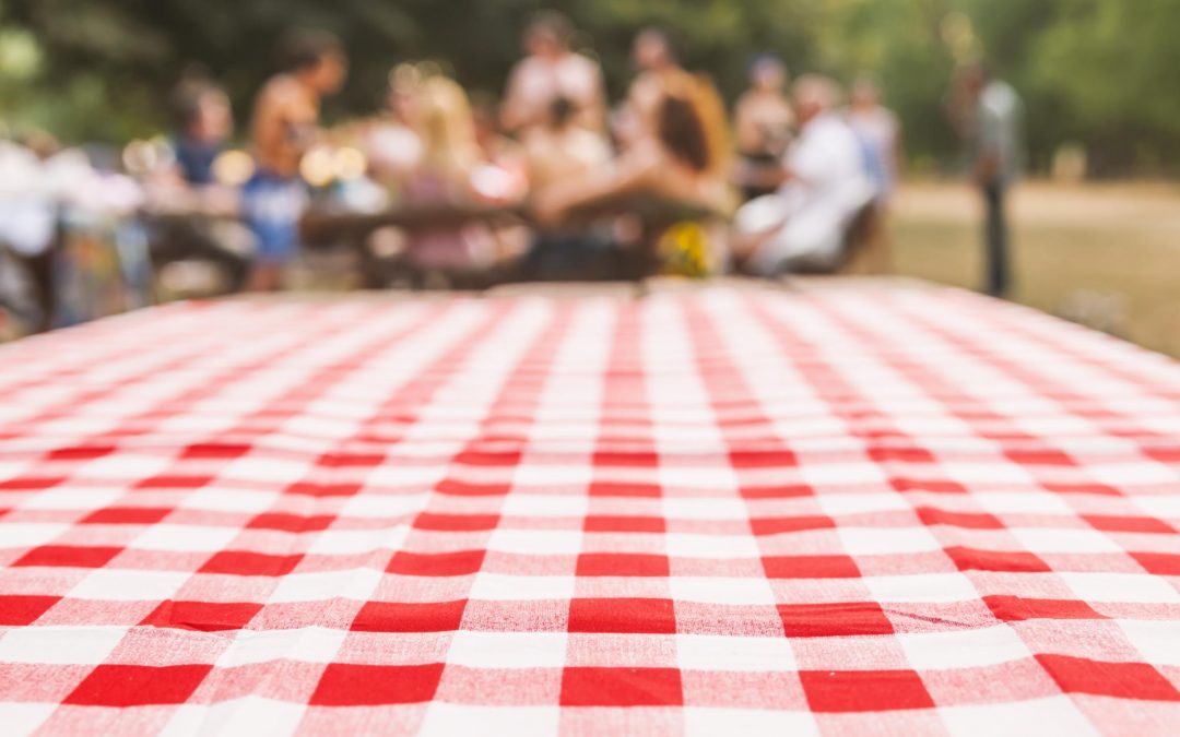 Close up on a picnic blanket with people sitting around it